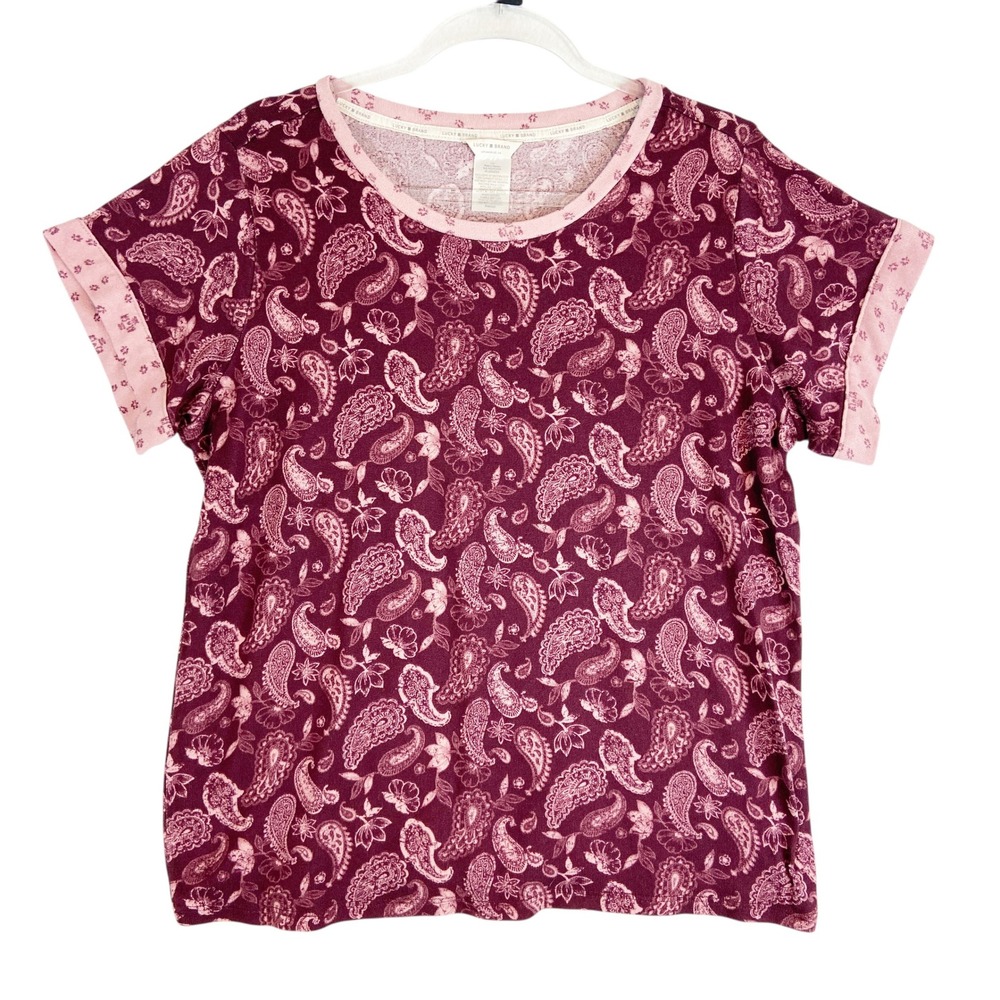 Lucky Brand Womens Paisley Short Sleeve Tee Shirt Maroon Burgundy Size Large